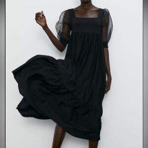 Zara Knit Maxi Black with Empire Waist Organza Sleeves